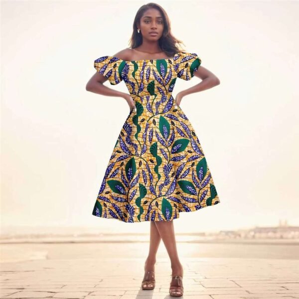 Women Short Sleeve High Waist Print Midi Dress