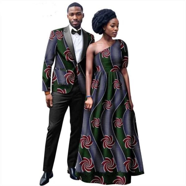 Women Print Dresses Men Suits Bowtie Jackets and Pant Sets