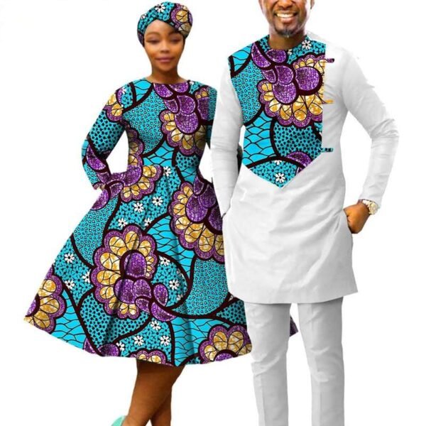 Women Print Dress With Headwrap Men Top and Pant Sets