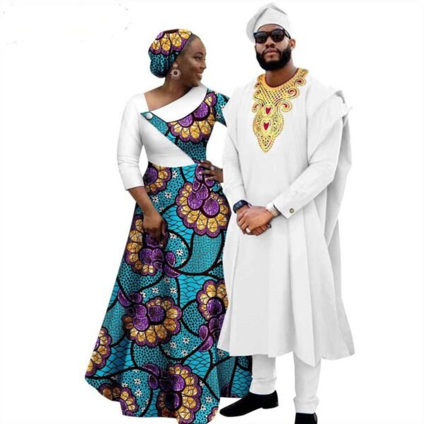 Women Print Long Dresses Men Agbada Robe Sets