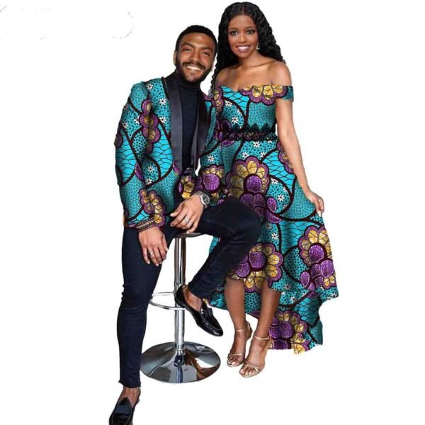 Women Lace Print Long Dresses Men Blazer Suit Jacket
