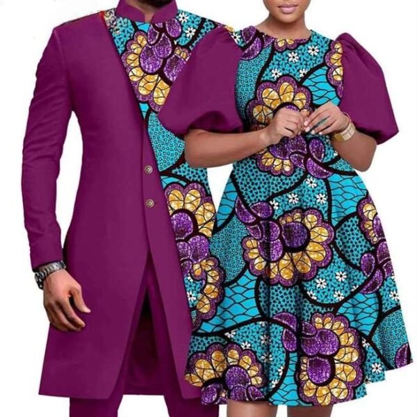 Women Print Dresses Men Patchwork Jacket and Pant Sets