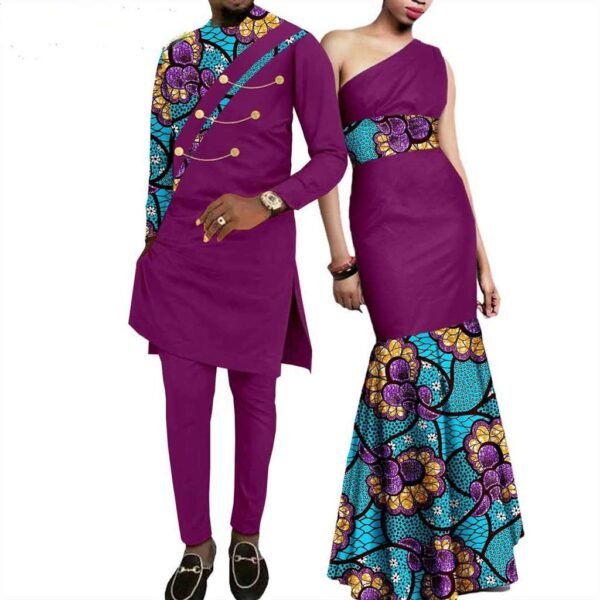 Women Print Long Dresses Men Patchwork Top and Pants