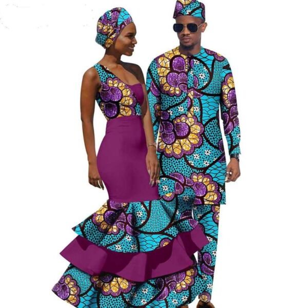 Women One Shoulder Ruffles Print Dresses Men Outfits Sets