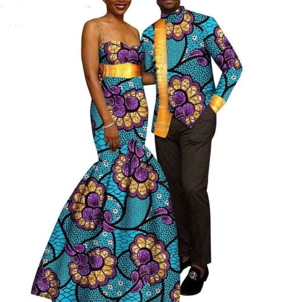 African Mermaid Print Dresses for Women Men Outfits Sets