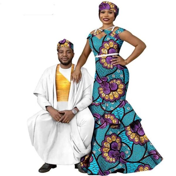 Women Print Long Dresses Men Outfits Muslim Sets with Hat