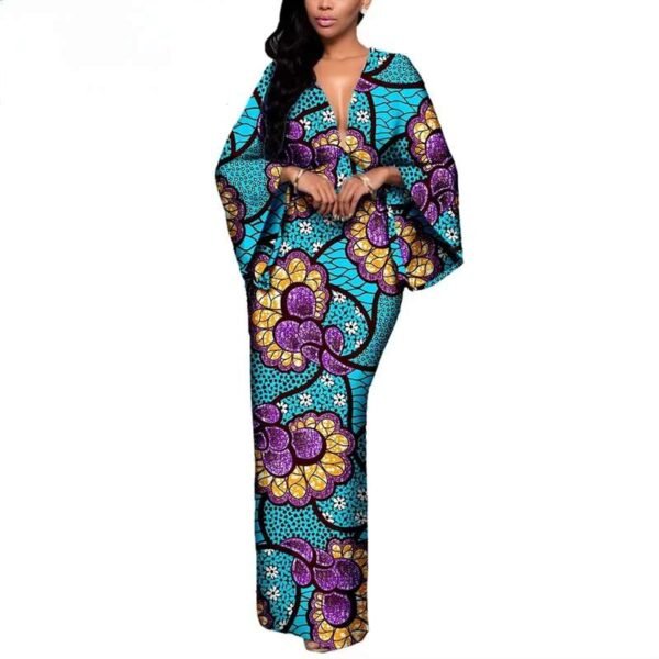 Women Flare Sleeve V-neck Font and Back Ankle-length Dress