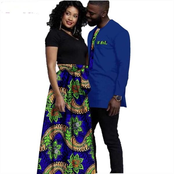 Women Print Bowtie Long Skirts Men Patchwork Shirts