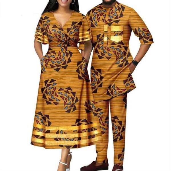 Print Women V-neck Dresses Men Outfits Sets