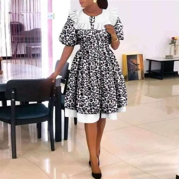 Women Short Sleeve High Waist Print A-line Dress