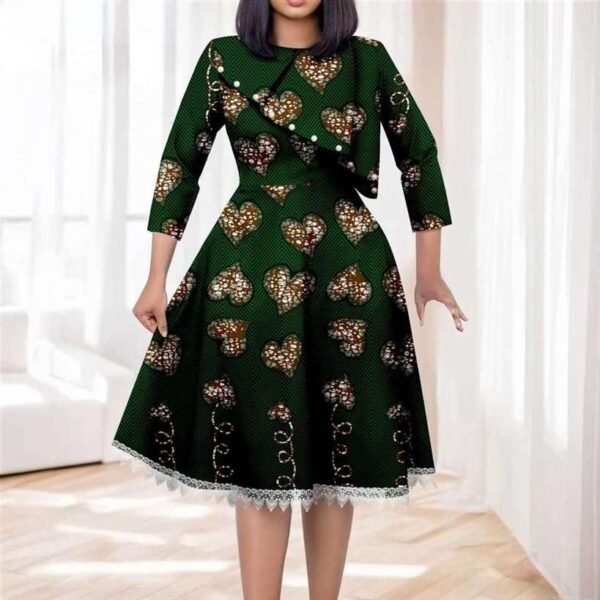 Women O-neck Half Sleeve High Waist Print Lace Dress