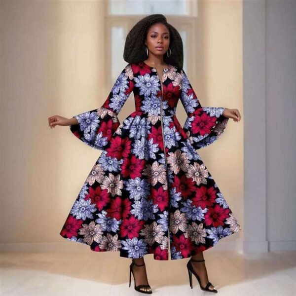 Women Print Flare Sleeve Zip Maxi Dress