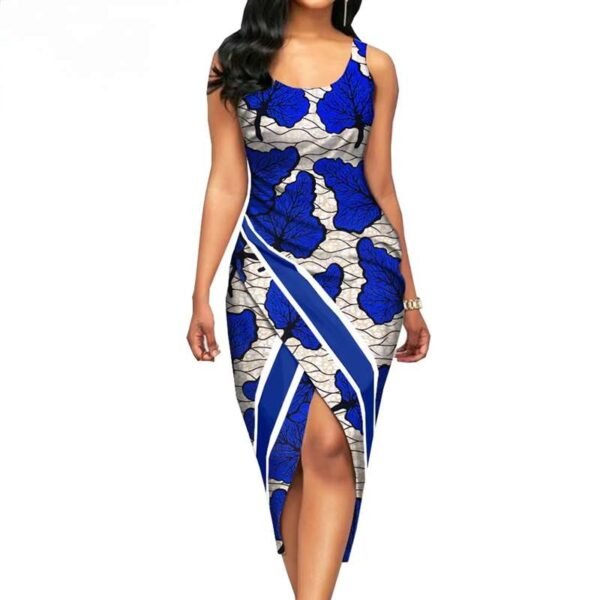 Women Print Sleeveless O-neck Mid-calf Length Dress