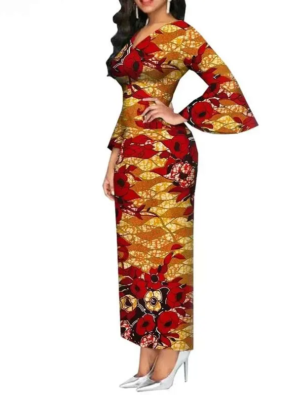 African Clothing for Women Long Maxi Dress V Neck Flare Sleeve Dresses Wdr54 - Image 2