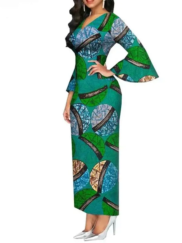 African Clothing for Women Long Maxi Dress V Neck Flare Sleeve Dresses Wdr54 - Image 3