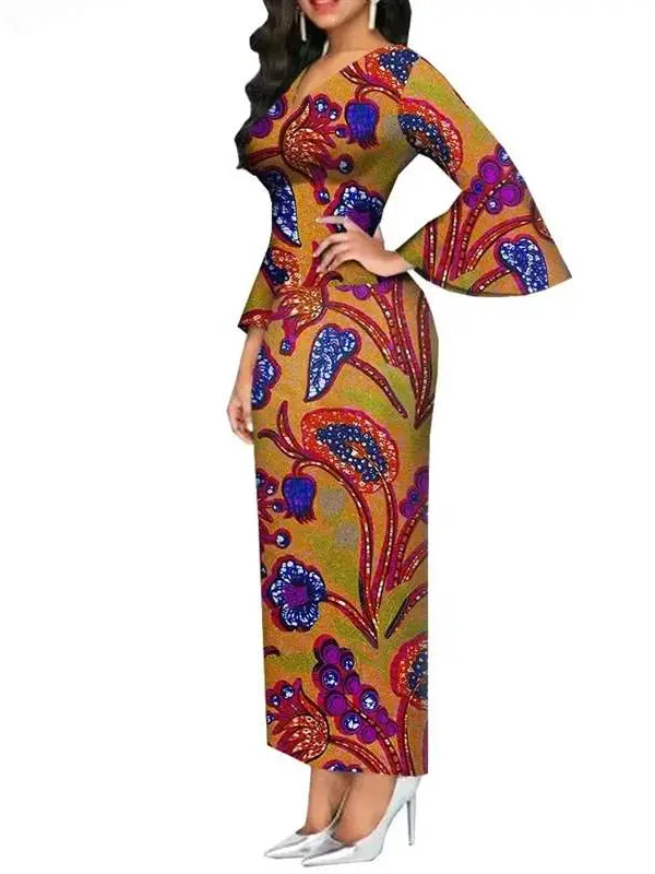 African Clothing for Women Long Maxi Dress V Neck Flare Sleeve Dresses Wdr54 - Image 4