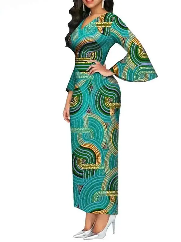 African Clothing for Women Long Maxi Dress V Neck Flare Sleeve Dresses Wdr54 - Image 5