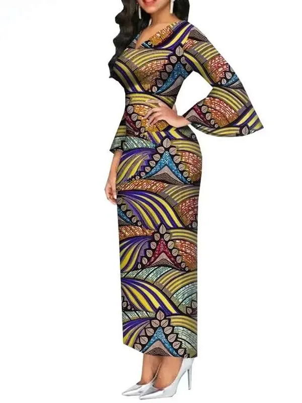 African Clothing for Women Long Maxi Dress V Neck Flare Sleeve Dresses Wdr54 - Image 6