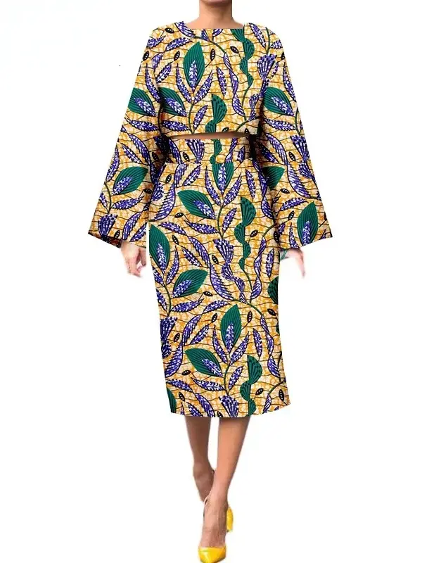 African Clothing for Women Long Wide Sleeves Short Top mid-calf Skirt Plus Size Set Wst26 - Image 3