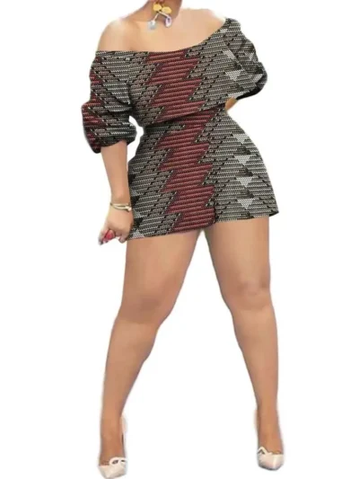 African Clothing for Women Off Shoulder Dashiki Top and Print Shorts 2 Piece Set Wst1