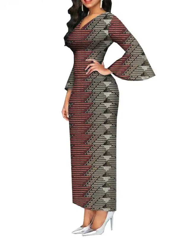 African Clothing for Women Long Maxi Dress V Neck Flare Sleeve Dresses Wdr54 - Image 7