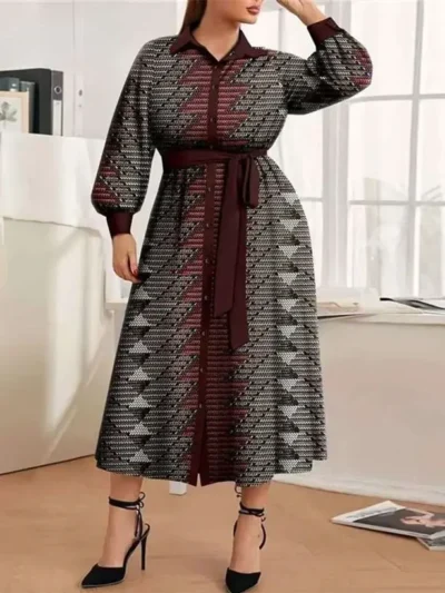 African Clothing for Women Full Sleeve High Waist Print Dresses with Belt Wdr82