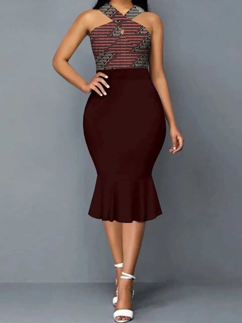 African Clothing for Women High Waist Sleeveless Bodycon Ankara Attire Dresses Wdr79