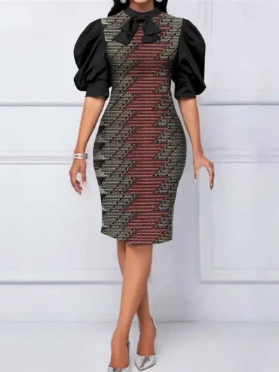 African Clothing for Women Puff Sleeve High Waist Elegant Fashion Dresses Wdr74