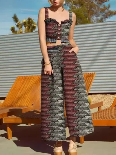 African Clothing for Women Sleeveless Crop Top and Pants Dashiki 2 Piece Set Wst3