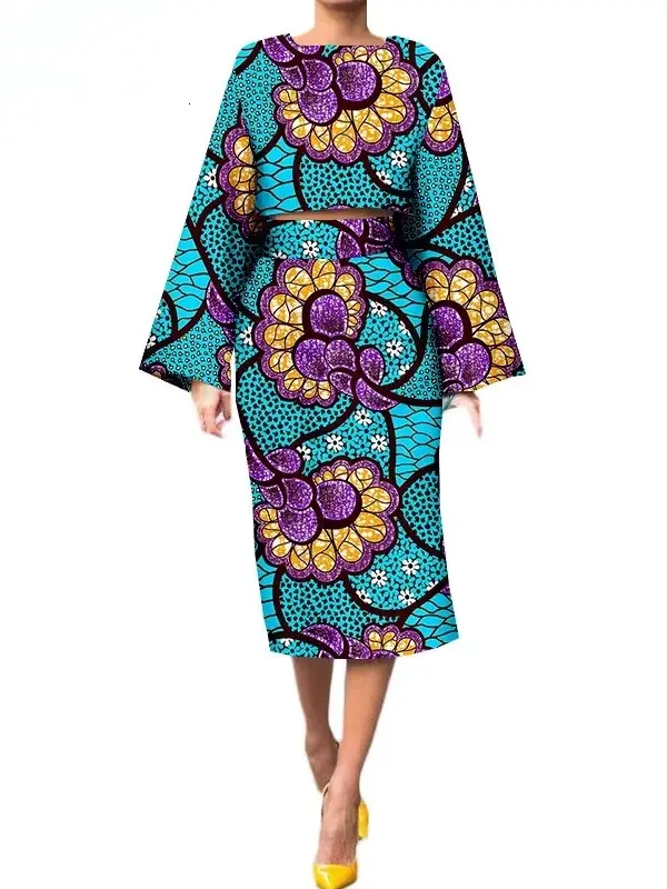African Clothing for Women Long Wide Sleeves Short Top mid-calf Skirt Plus Size Set Wst26 - Image 5