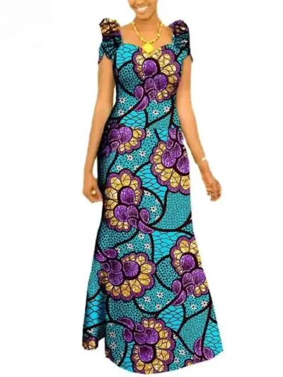 African Clothing for Women Short Sleeve Ankara Fabric Print Dress Plus Size Wdr22
