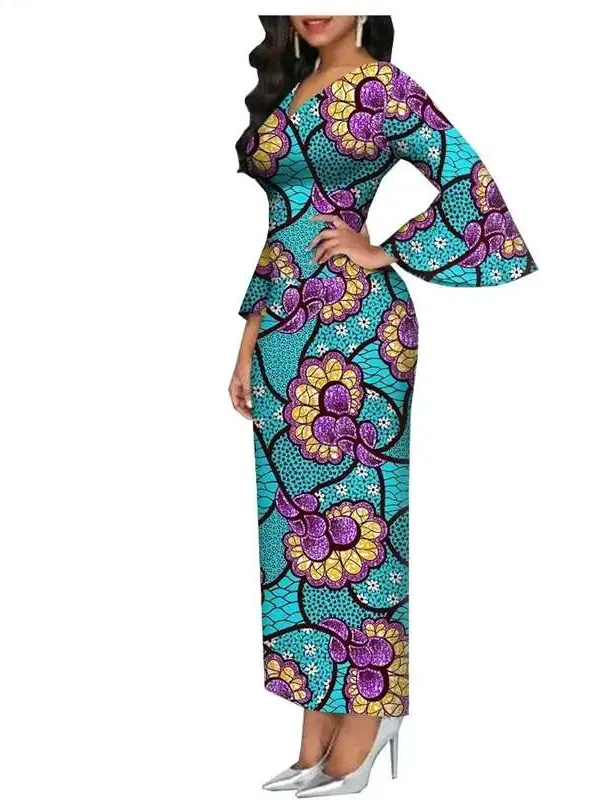 African Clothing for Women Long Maxi Dress V Neck Flare Sleeve Dresses Wdr54 - Image 8