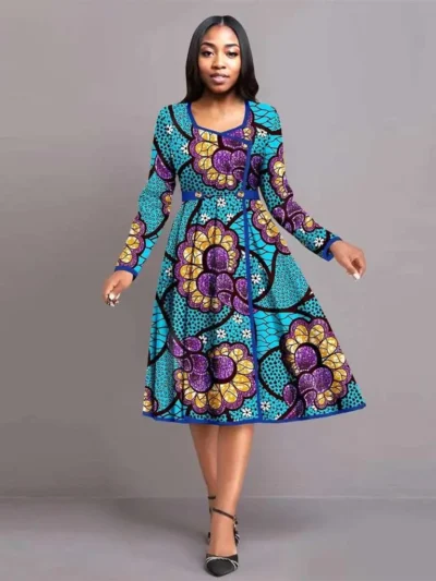 African Print Dresses for Women High Waist Elegant Knee Dress Wdr11