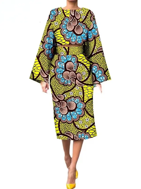 African Clothing for Women Long Wide Sleeves Short Top mid-calf Skirt Plus Size Set Wst26 - Image 6