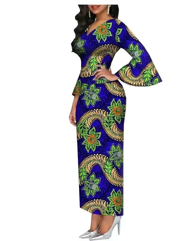 African Clothing for Women Long Maxi Dress V Neck Flare Sleeve Dresses Wdr54 - Image 10