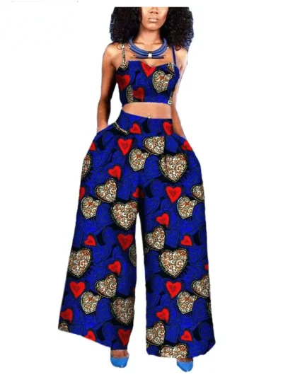 African Clothing for Women Sleeveless Halter Short Top + Ankle-length Wide Pant Suit Wst23