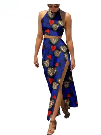 African Clothing for Women Sleeveless Ruffles Top+Ankle-Length Skirt Wst17