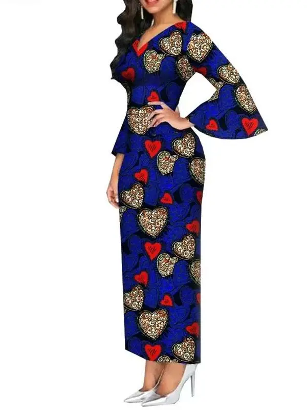 African Clothing for Women Long Maxi Dress V Neck Flare Sleeve Dresses Wdr54