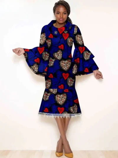 African Dresses Elegant Full Sleeve High Waist Elegant Lace Midi Dress Wdr12