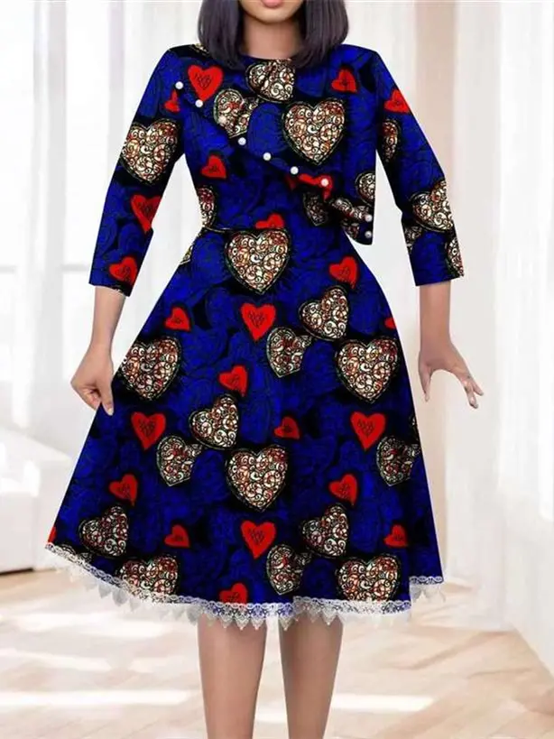 African Dresses for Women O-neck Half Sleeve High Waist Elegant Print Lace Dress Wdr7 - Image 2