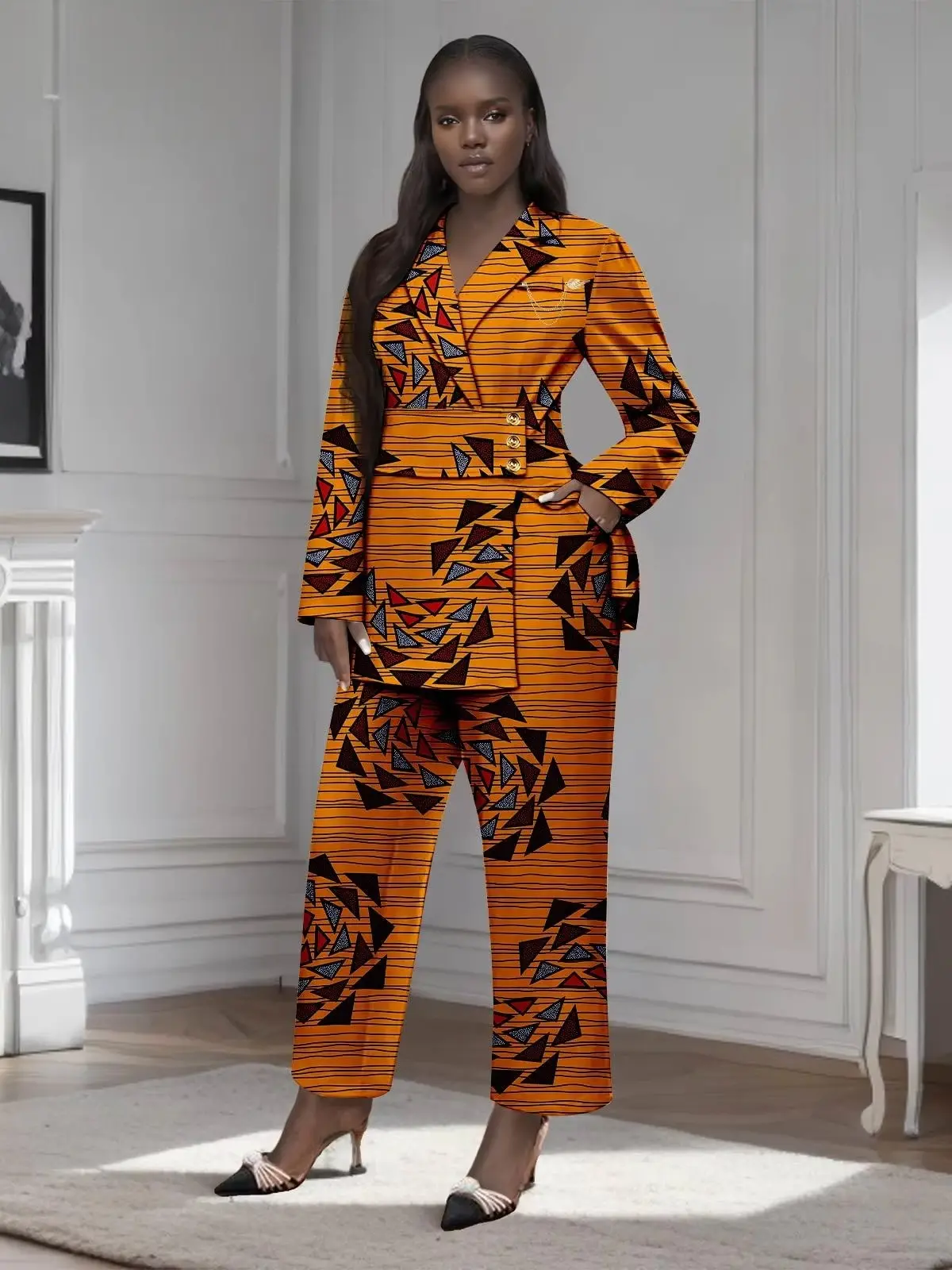 African Clothing for Women Gold Button Brooch Blazer and Ankle Pants 2 Piece Set Wst29 - Image 3