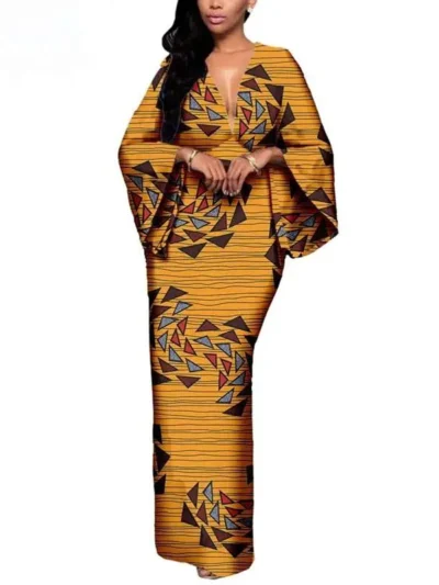 African Clothing for Women V-neck Font and Back Ankle-length Dresses Wdr103