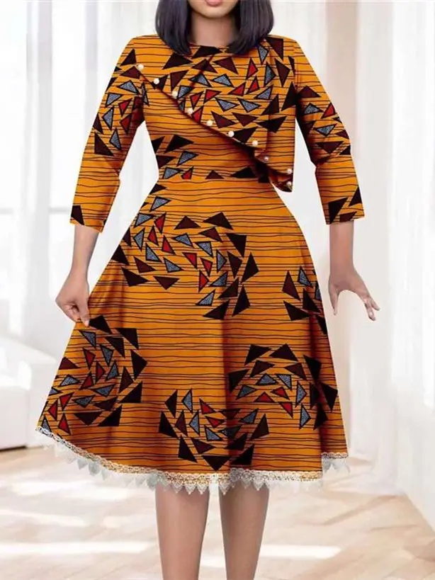 African Dresses for Women O-neck Half Sleeve High Waist Elegant Print Lace Dress Wdr7 - Image 3