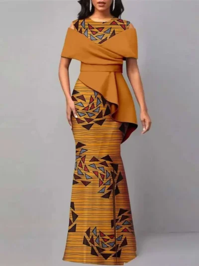 African Clothing for Women Off The Shoulders O-neck High Waist Attire Dresses Wdr99