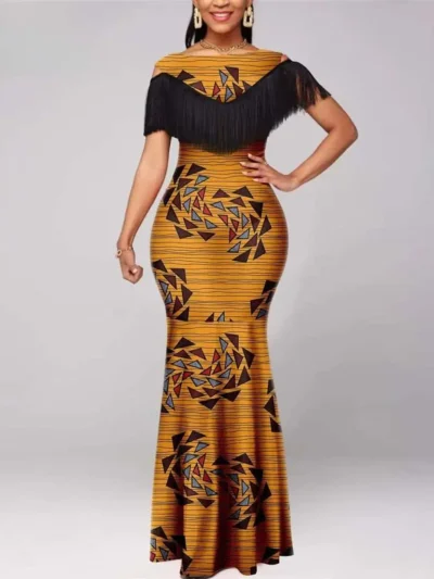 African Clothing for Women Tassel Short Sleeve Off Shoulder High Waist Dresses Wdr92