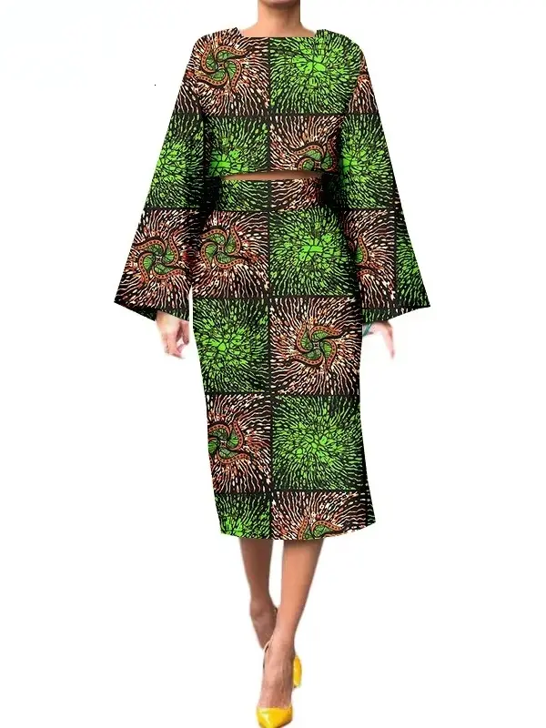 African Clothing for Women Long Wide Sleeves Short Top mid-calf Skirt Plus Size Set Wst26 - Image 10