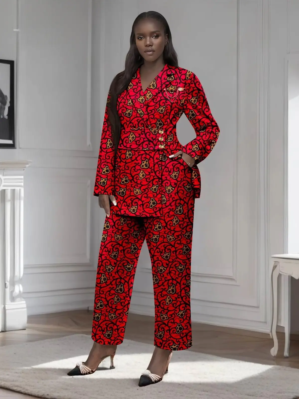African Clothing for Women Gold Button Brooch Blazer and Ankle Pants 2 Piece Set Wst29 - Image 4