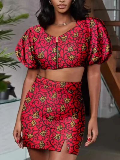 African Clothing for Women Short Sleeve Crop Tops and Mini Skirts 2 Piece Set Wst8