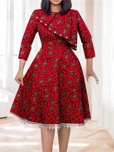 African Dresses for Women O-neck Half Sleeve High Waist Elegant Print Lace Dress Wdr7