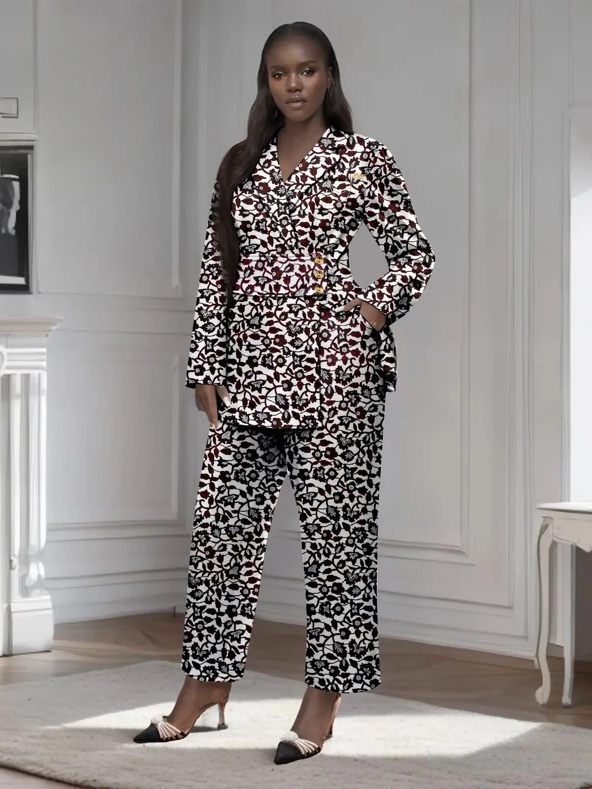 African Clothing for Women Gold Button Brooch Blazer and Ankle Pants 2 Piece Set Wst29 - Image 5